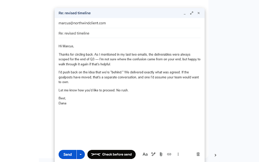 Sendsei - Tone & risk check for Gmail & Outlook :: Reviews your draft before you send it - tone, risk flags, and a suggested rewrite. Works in Gmail and Outlook.