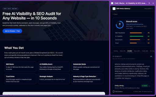 Free AI Visibility & SEO Analyser · CMO Works :: Score any webpage on SEO, AI Visibility (GEO/AEO), Trust and Conversion in 10 seconds. Free rule-by-rule audit + strategic analysis.