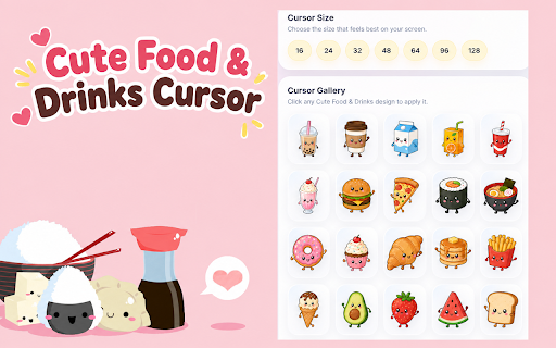 Cute Food & Drinks Cursor :: Cute Food & Drinks cursor for chrome. Choose your favorite Cute Food & Drinks custom cursor with this extension.