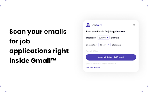 JobTally — Job Application & Rejection Tracker for Gmail™ :: Scans your Gmail™ inbox to track job applications, rejections, interviews, and ghosted jobs. No spreadsheets. No manual entry.
