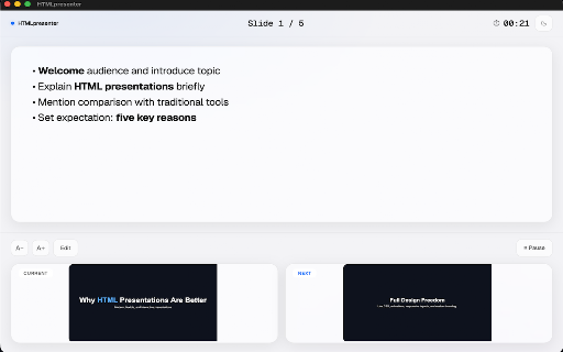 HTMLpresenter :: Adds a presenter view to any HTML presentation opened in Chrome.
