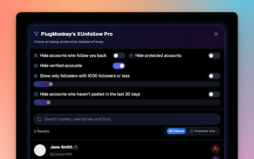 X Unfollow Pro by PlugMonkey: Twitter Manager :: Search, filter & unfollow X (Twitter) accounts with precision. Find by bio/keyword, filter by activity—manual or bulk unfollow.