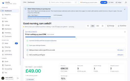 Vintify · Vinted Link :: Links your own Vinted account to your Vintify CRM and syncs your sales, purchases and listings. Never asks for your password.