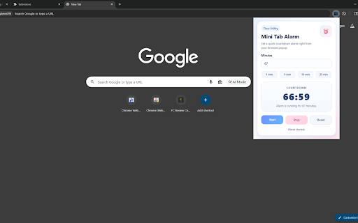 Mini Tab Alarm :: Set a simple mini alarm timer from a stylish popup.