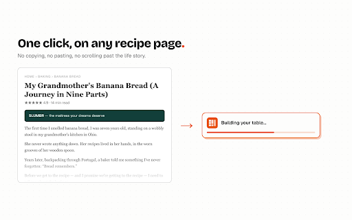RecipeTables — recipe to prep table :: Turn the recipe you're reading into a clear prep table on recipetables.com — one click, no life story.