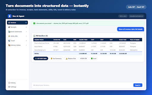 Doc AI Agent :: Doc AI Agent — AI-powered doc assist that extracts,chats and exports data from invoices/receipts/bills, and business docs.