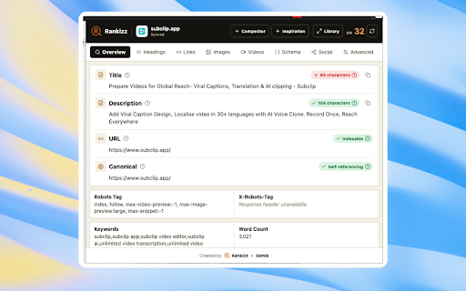 Rankizz SEO Extension :: Audit on-page SEO, links, images and schema, check Ahrefs DR, export results, and save websites as competitors or inspiration.