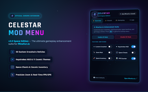 Celestar Mod Menu | Space Edition :: Cosmic mod menu for Minefun.io featuring Space Chests, Space Inventory, 30 Custom Crosshairs, and more.