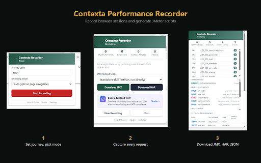 Contexta Performance Recorder :: Record browser sessions and generate JMeter JMX scripts with automatic correlation detection and assertions.