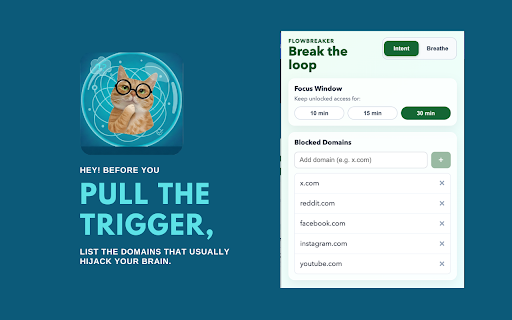 FlowBreaker :: FlowBreaker adds mindful friction to distracting sites so you browse with intent, not impulse.