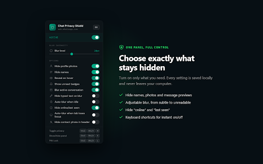 Chat Privacy Shield :: Blur and hide chats, names, and shared images on WhatsApp Web and Telegram Web. Not affiliated with WhatsApp, Meta or Telegram.
