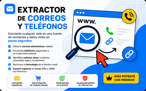 Extractor de correos y teléfonos :: Extrae correos, teléfonos, enlaces y tecnología visible; exporta a CSV o Excel y activa Premium mensual.
