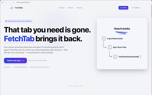 FetchTab - Al brain for tabs & bookmarks :: FetchTab is an AI-powered browser extension that helps you organize, find, and manage your tabs and bookmarks with ease.