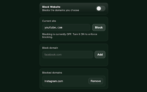 Block Website :: Blocks configured websites when enabled.