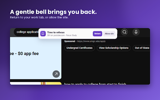 FocusBell - ADHD Focus Reminder & Gentle Distraction Nudges :: ADHD-friendly bell and banner reminders help you return to focus when distracting websites pull you away.