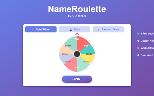NameRoulette :: Pick names randomly with Spin Wheel, Slots, and Random Draw. Fun and customizable offline selection made by AIO.com.ai