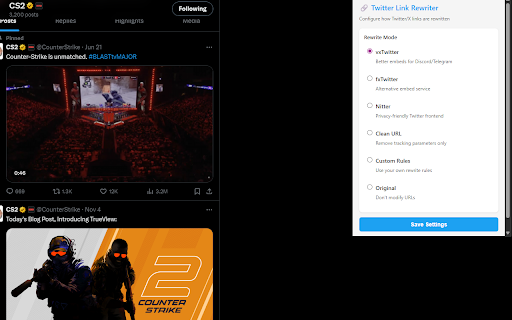 Twitter Link Rewriter :: Rewrites Twitter/X links when copying via share button. Supports custom rules, alternative frontends, and tracking removal.