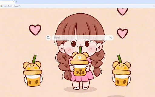 Cute Kawaii Girl Live Wallpaper :: Adorable kawaii girl with brown hair holding bubble tea surrounded by floating drinks and hearts.