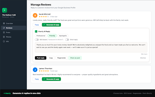 Starrly — AI Review Replies :: Generate professional AI replies to your Google Business reviews in one click. Powered by Starrly.
