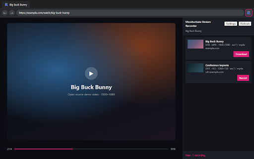 Moniturbate Video Streaming Recorder :: Detect HLS, DASH, MP4, and WebRTC streams in the current tab. Download originals or record live playback.