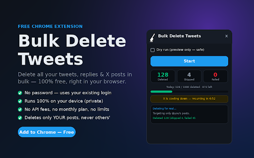 Bulk Delete Tweets — Free X (Twitter) Post Cleaner :: Bulk delete all your tweets, replies & X posts for free. Mass-delete right in your browser — no password, no API fees.