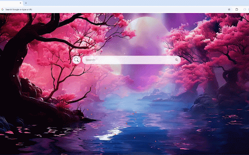 Dreamscene Forest Live Wallpaper :: Mystical forest of vibrant pink cherry trees surrounds shimmering purple river at twilight.