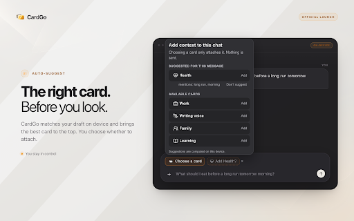 CardGo: AI Context Cards :: Attach reusable context cards to ChatGPT, Claude, Gemini, Perplexity, and Grok — you choose what each chat knows.