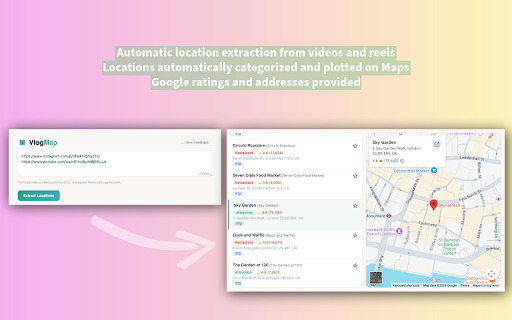 VlogMap – Extract and map locations from videos & reels :: Extract locations from YT travel vlogs & IG Reels, then map them instantly. Save places to lists, export, and open routes in Maps.