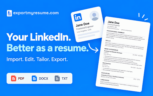 Resume from LinkedIn: PDF & Word CV Export – ExportMyResume :: Turn your LinkedIn profile into an ATS-friendly resume in one click. Free PDF & Word (DOCX) export with a free account.