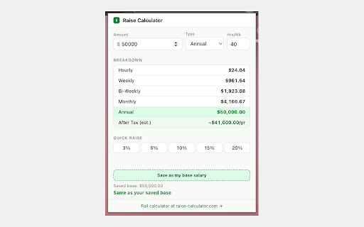 Raise Calculator - Salary & Hourly Converter :: Right-click any salary to convert hourly/annual, calculate raises, and estimate take-home pay.
