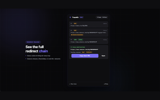 TraceKit — Redirect & Affiliate Inspector :: Reveal the full redirect chain behind any link. Spot affiliate networks, tracking params, and the real final URL — instantly.