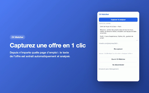 CV Matcher — Capture d'offre :: Capture le texte d'une offre d'emploi depuis la page consultée et l'envoie dans votre espace CV Matcher pour analyse.