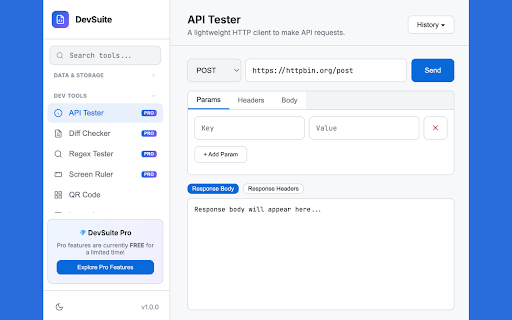 DevSuite - 25+ Web Developer Tools & API Tester :: 25+ Local Web Developer Tools: API Tester, JSON Formatter, JWT Decoder, SVG Optimizer & more. Privacy-first, zero network calls.