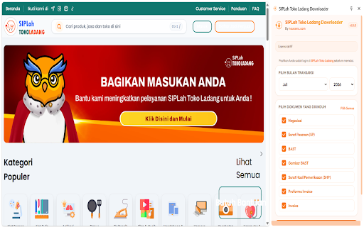 SIPLah Toko Ladang Downloader :: Auto-download transaction documents (PO, BAST, Invoice, etc.) from SIPLah Toko Ladang, grouped per transaction inside a ZIP file.