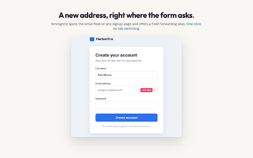 Emcognito Email Alias Generator & Forwarding :: Create a disposable Emcognito alias the moment a site asks for your email, and fill it in one click.