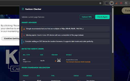 Favicon Checker - Validator, Tester & Generator :: Audit any page's favicons, validate sizes & apple-touch-icon, spot broken links, and generate all formats from one SVG. Live alerts.