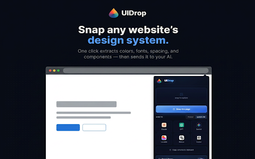 UIDrop — Design System Extractor for AI :: Extract any site's colors, fonts, spacing & components in one click. Sends the design system to your AI coding assistant.