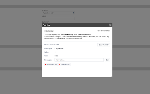 SuiteField Helper 2026.1 :: Inspect and edit NetSuite fields see IDs, values, types, and options, update values, toggle mandatory/disabled, and copy IDs.