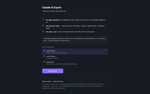 Claude AI Export — chats, projects & tasks :: Export claude.ai chats, projects, attachments and scheduled tasks to a local zip. Runs in your browser; nothing is uploaded.