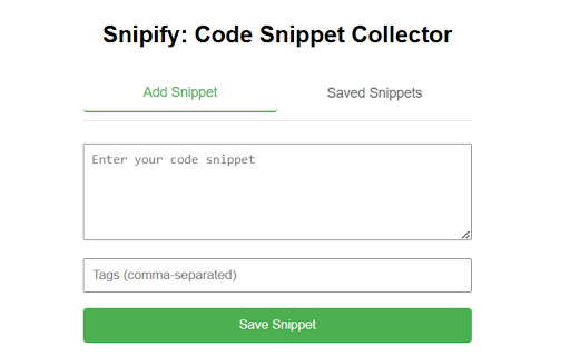 Snipify: Code Snippet Collector :: Save, tag, and search reusable code snippets directly from your browser.