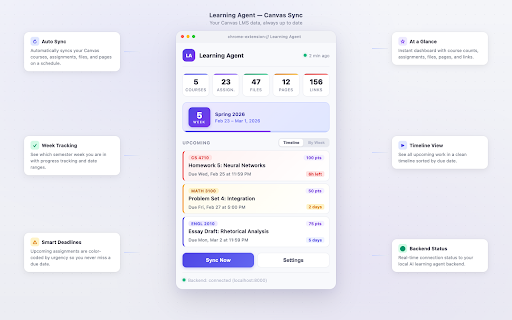 Learning Agent - Canvas Sync :: Sync your Canvas LMS courses, assignments, grades, and files to a local backend — powering AI-ready study tools.