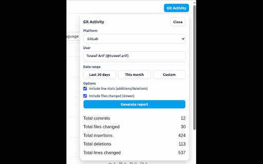 Git Activity Analytics :: Consolidated Git commit activity analytics across GitLab and GitHub using your logged-in session.