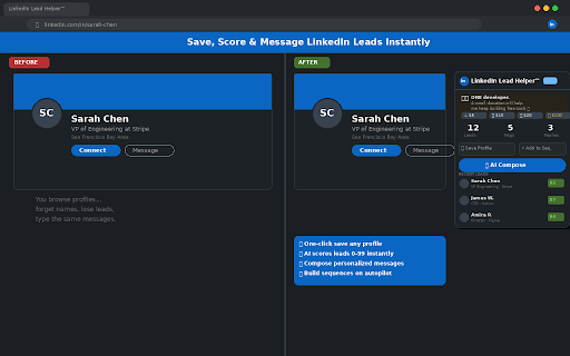LinkedIn Lead Helper™ :: Save LinkedIn profiles, score leads with AI, compose personalized messages, and build outreach sequences — all from your browser.