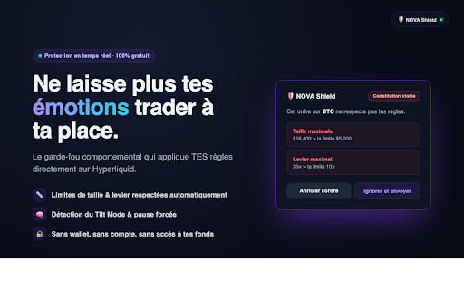 NOVA Shield — Behavioral Protection for Hyperliquid :: Enforce your trading rules on Hyperliquid: max size, leverage, hours + real-time Tilt Mode detection. Your anti-tilt guardrail.