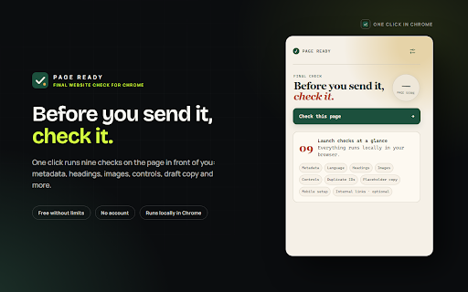 On-Page SEO & Alt Text Checker - Page Ready :: Check any page before it goes live: meta tags, headings, broken links, placeholder copy and unlabeled buttons. Runs locally.