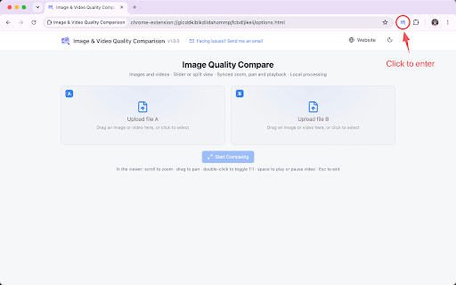 Image & Video Quality Comparator :: Compare two images/videos with a slider or split view. Synced zoom, pan and playback. 100% local, no uploads.