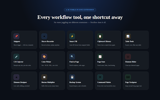Nexflow — Productivity & Workflow Toolkit :: Speed up repetitive web tasks with snippets, macros, smart form-fill, table export, and more — all in one toolkit.