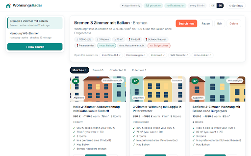 WohnungsRadar :: Finds rental homes in Germany for you: searches ImmoScout24, Kleinanzeigen, Immowelt & more, scores every ad, writes to landlords.