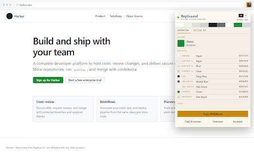 Replica.md - Copy Style from any website :: Copy a website's visual style into DESIGN.md — colors, type, and components you can paste into AI to recreate the design.
