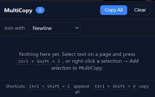 MultiCopy :: Copy multiple selections from any page; each copy appends to a shared clip buffer you can paste anywhere.